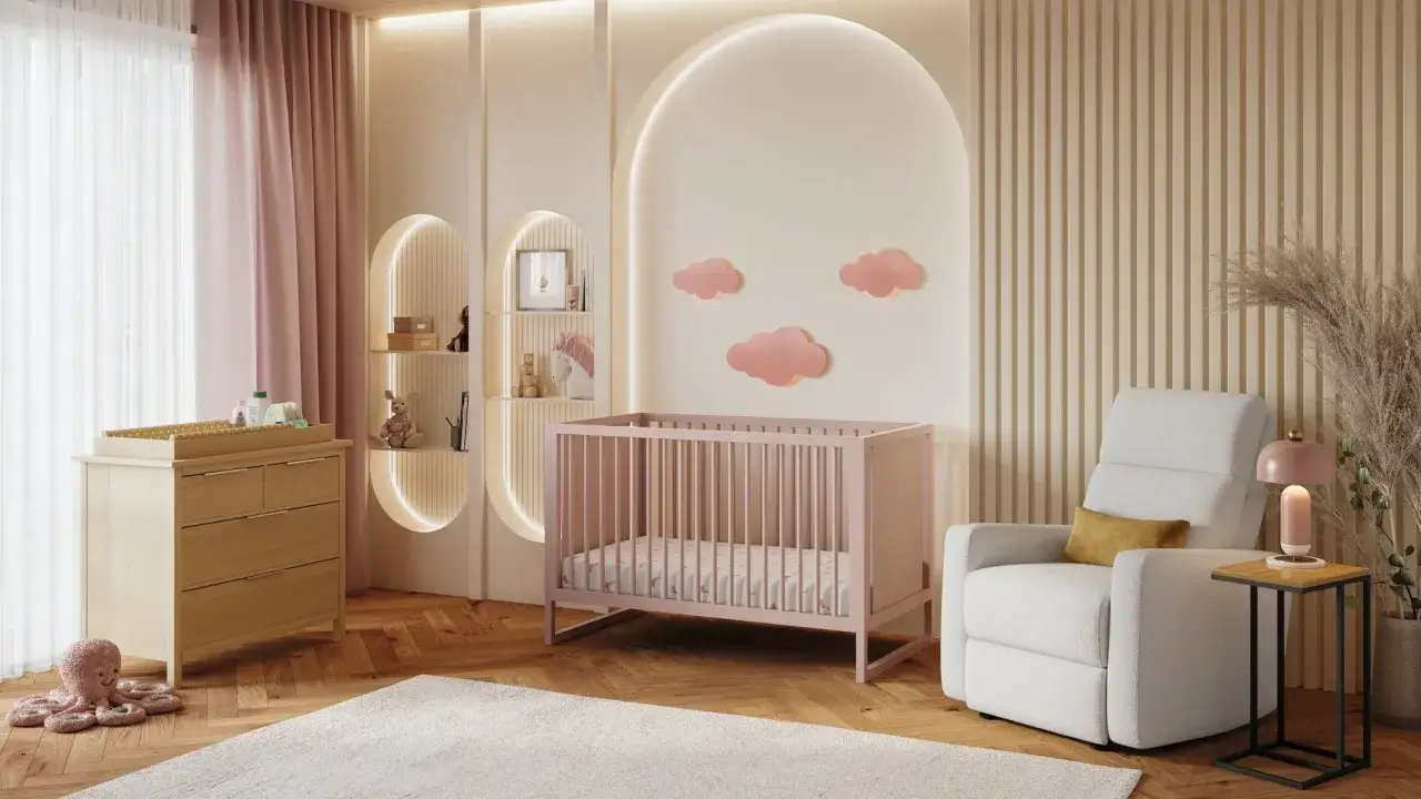 A serene nursery with pink crib, changing table, and cloud decor, perfect for sweet girl nursery themes.