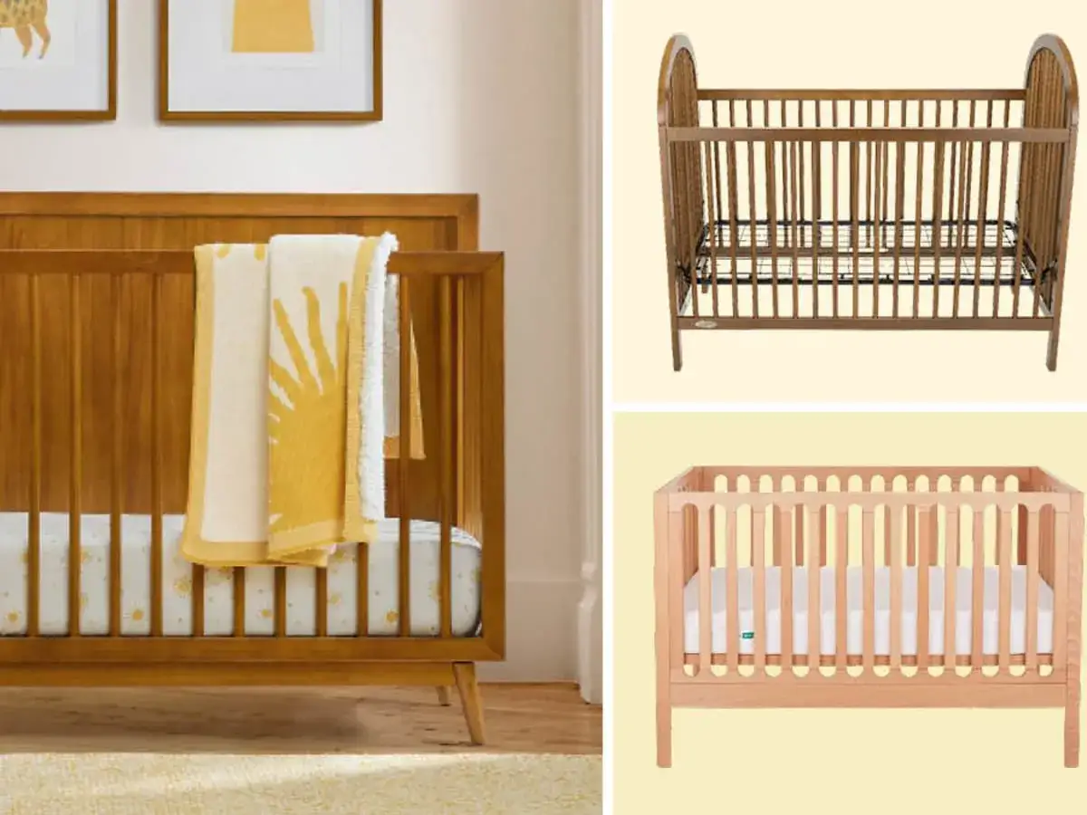 A baby bed, also known as a crib, is shown in three styles: a wooden crib with a sun-patterned mattress and blanket, a dark wood crib, and a light wood crib.