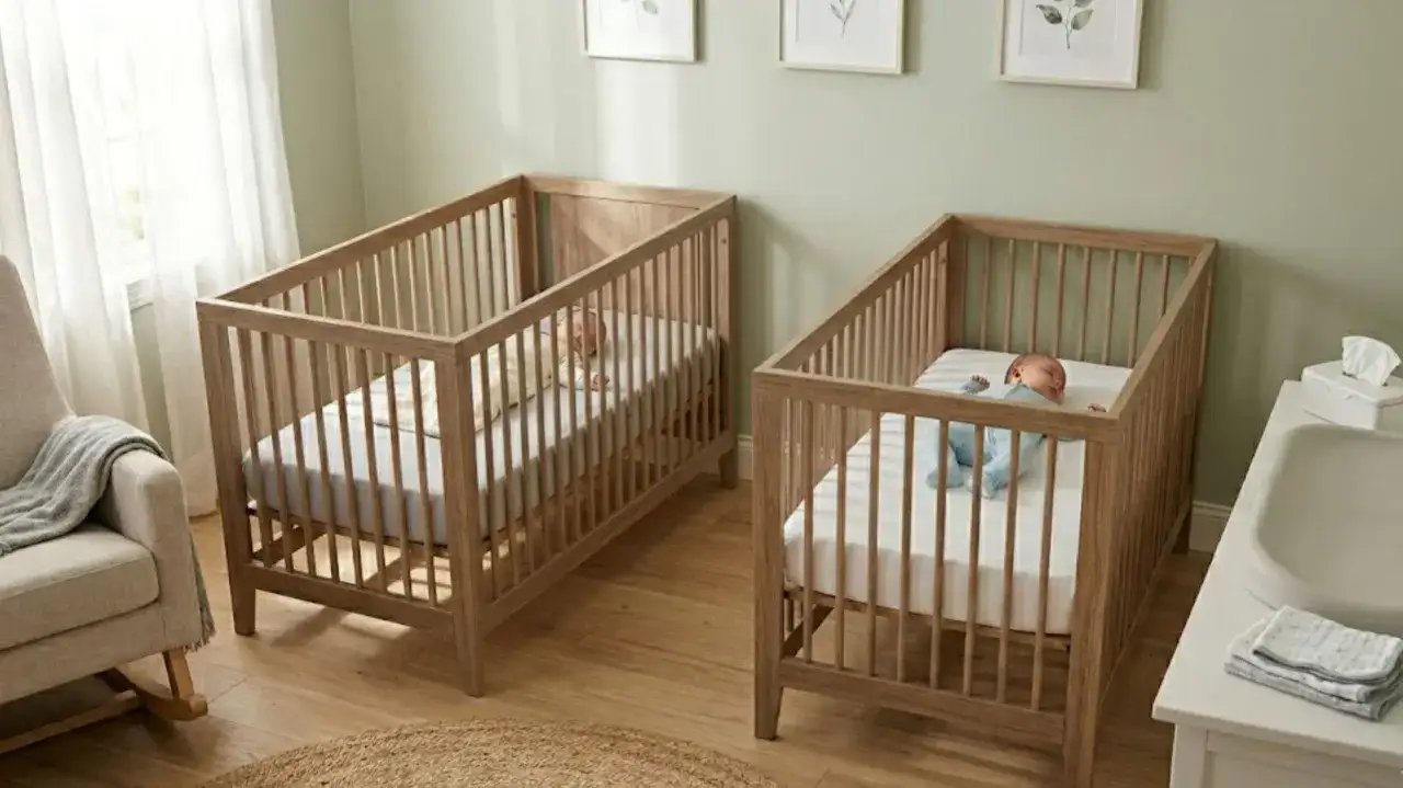 Two wooden double baby cribs hold sleeping infants. A rocking chair and changing table complete the nursery setup.
