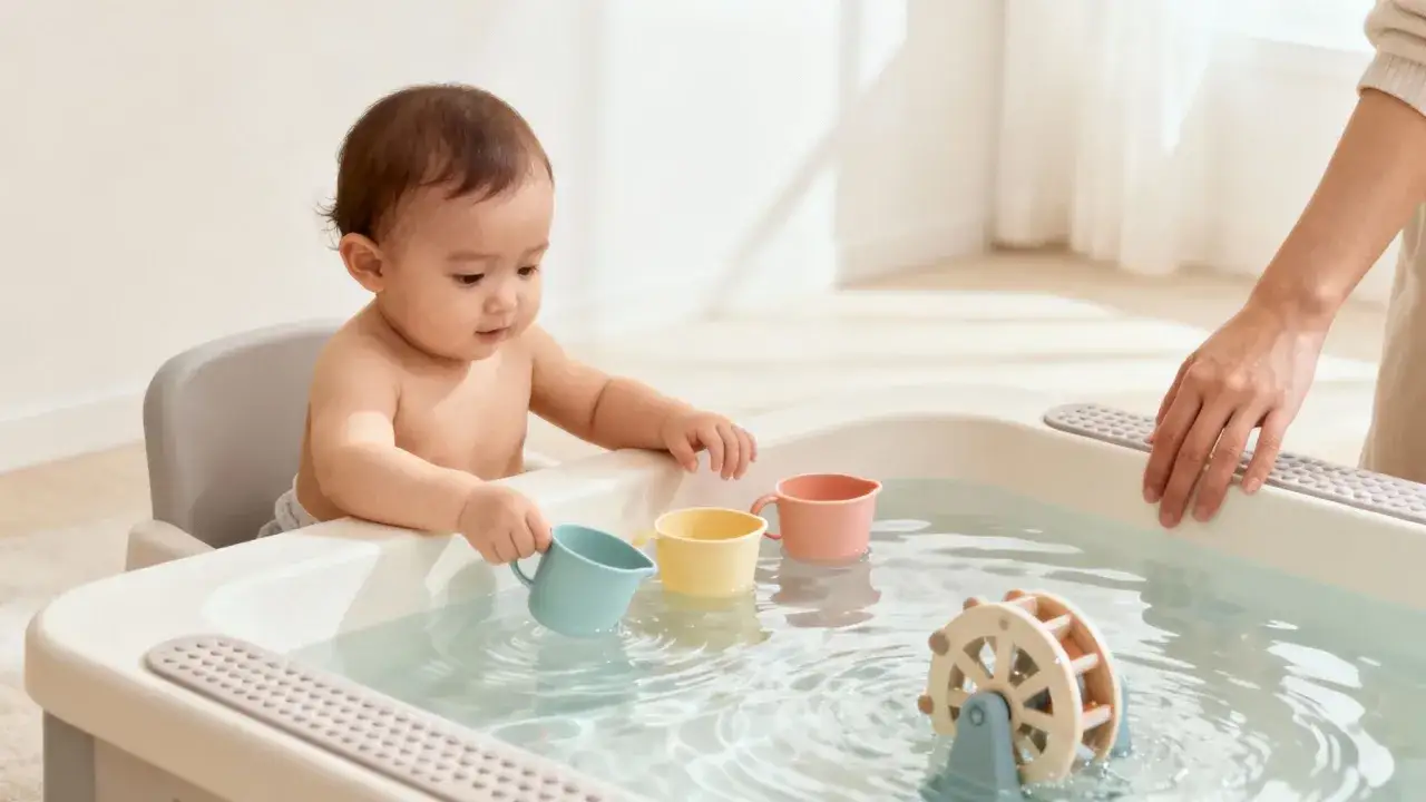 A baby enjoys water play, reaching for colorful cups in a bath with a water wheel toy.