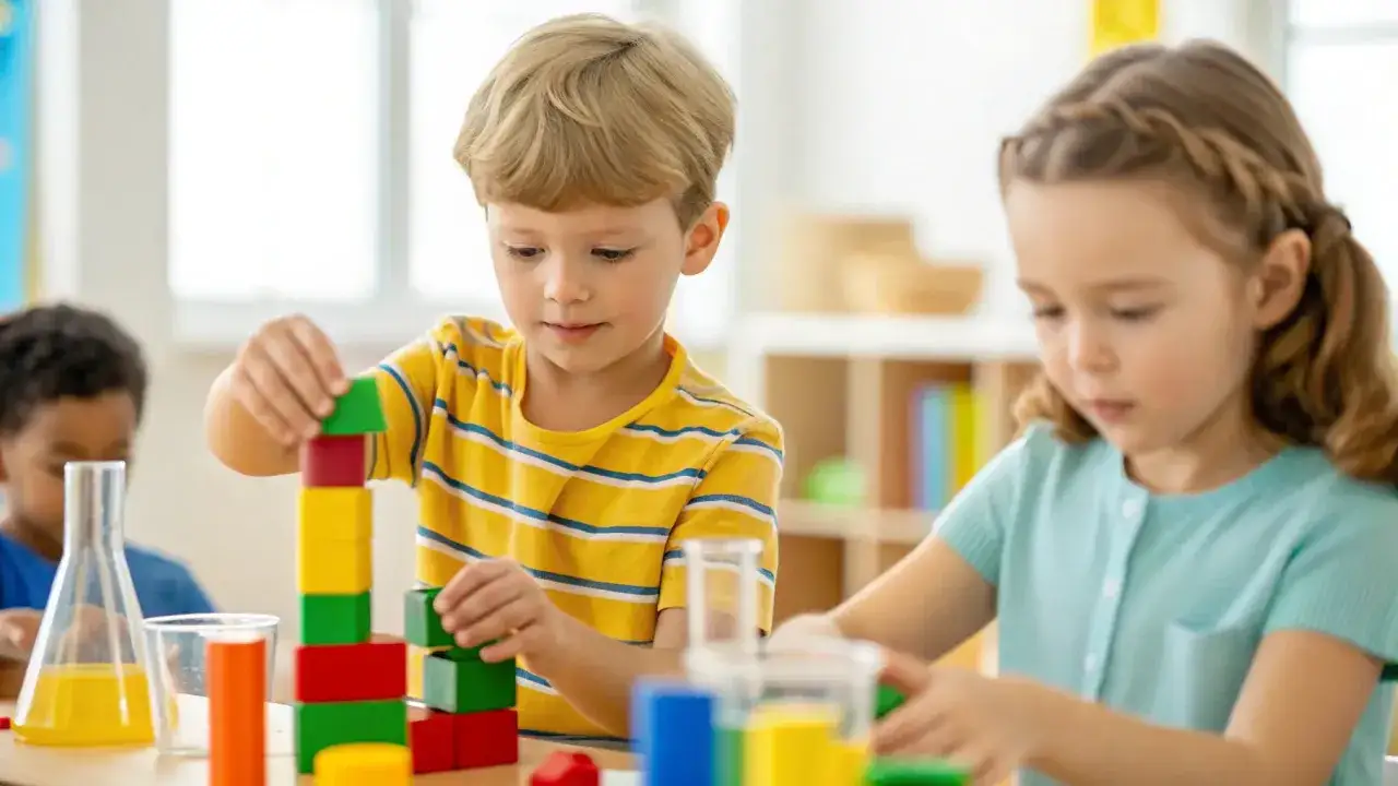 Children engage in fun STEM activities for 4 year olds, building towers with colorful blocks and exploring science with beakers.