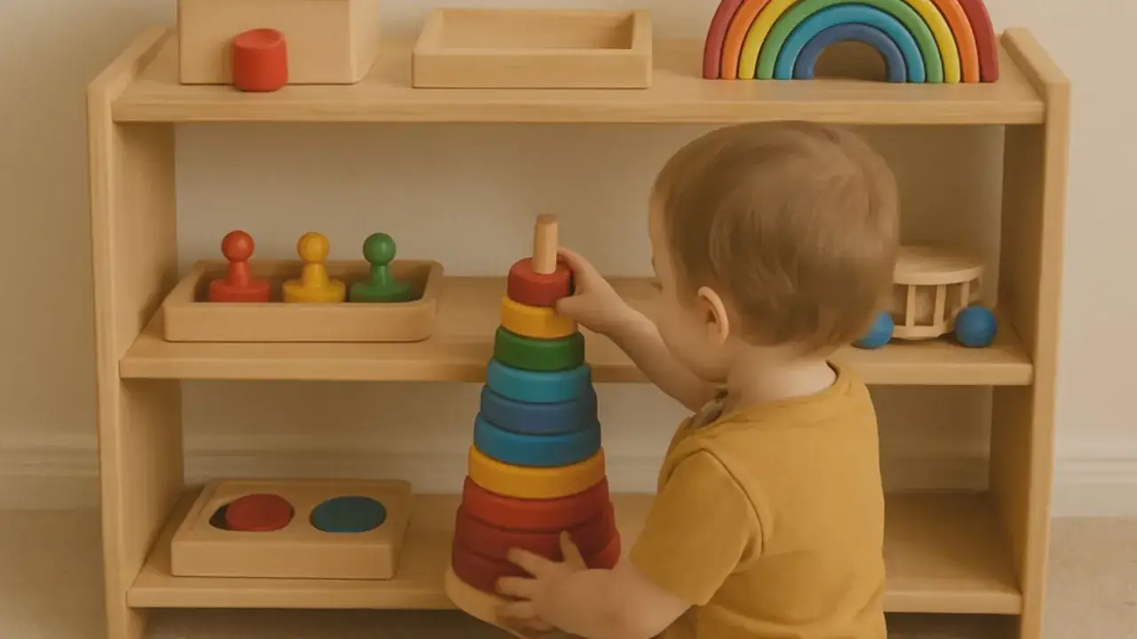 A baby explores Montessori activities for 9 month old, stacking a colorful wooden ring tower.