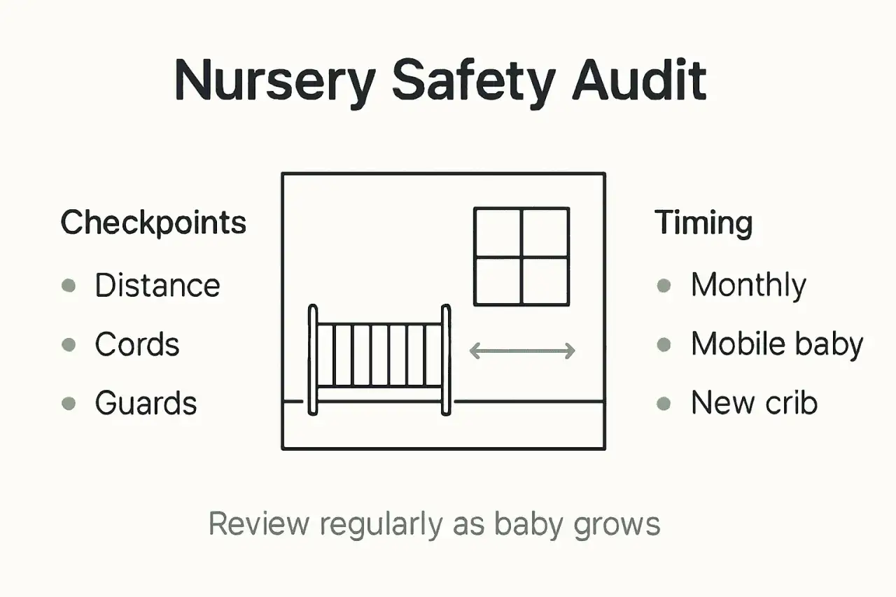 Nursery safety audit graphic showing a crib, window, and distance indicator. Key checkpoints include distance, cords, and guards, with timing for checks like monthly or new crib placement.