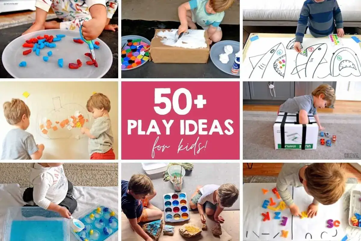 Collage of kids' activities: cutting playdough, decorating a box, drawing sharks, sticking paper on a pumpkin outline, playing with cars, water play, and arranging letters. Fun games to play with one year old and older kids!