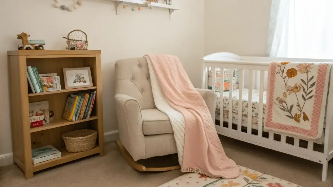 Cozy corner nursery ideas: a rocking chair with pink blankets, a bookshelf with books and toys, and a crib with floral bedding.