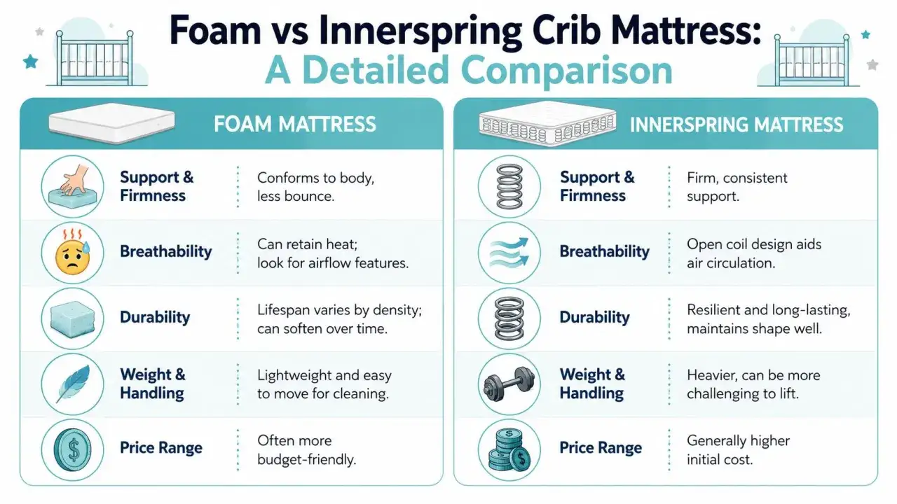 Comparison of foam vs. innerspring crib mattresses, detailing support, breathability, durability, weight, and price to help you pick the best one.