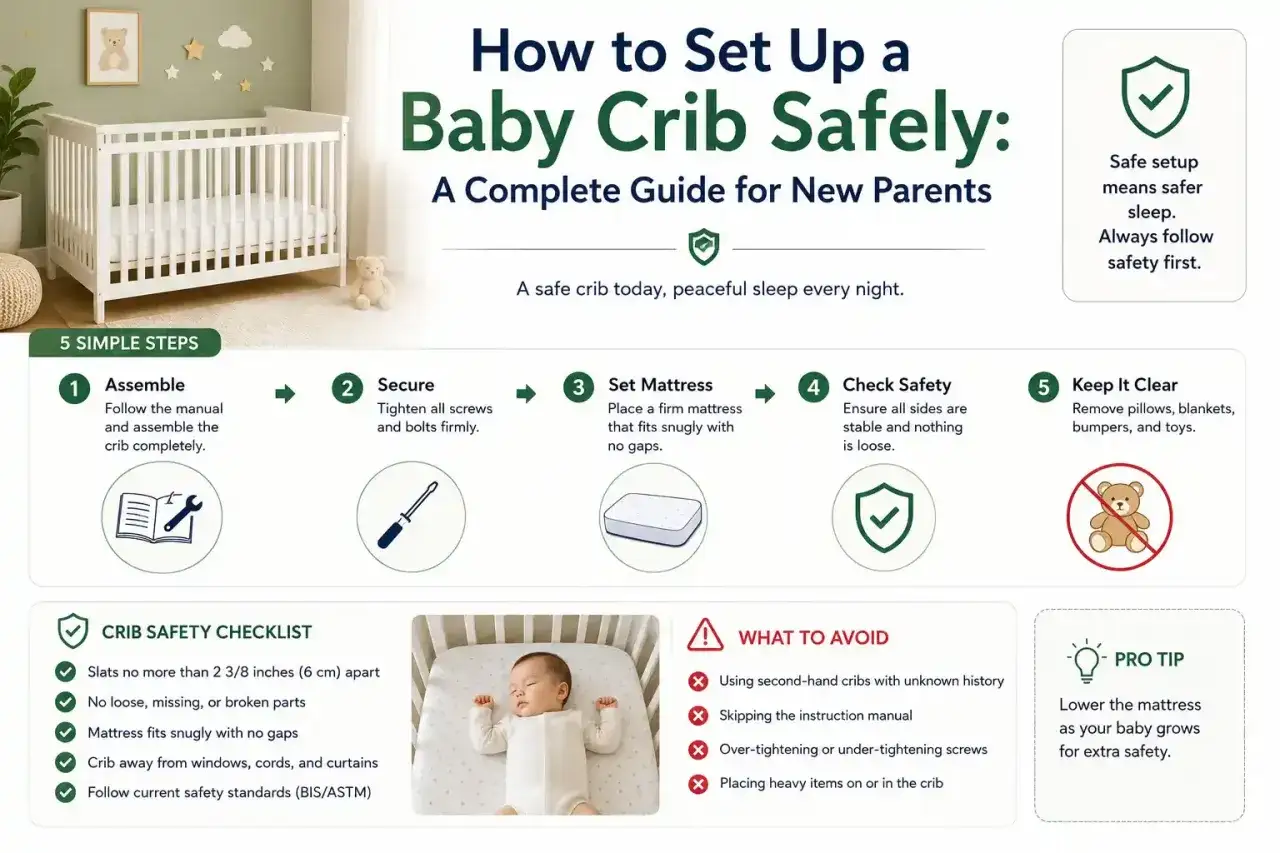 Guide to setting up a baby crib safely: assemble, secure, set mattress, check safety, keep it clear. What do you need for a crib? Follow these steps for a safe sleep space.