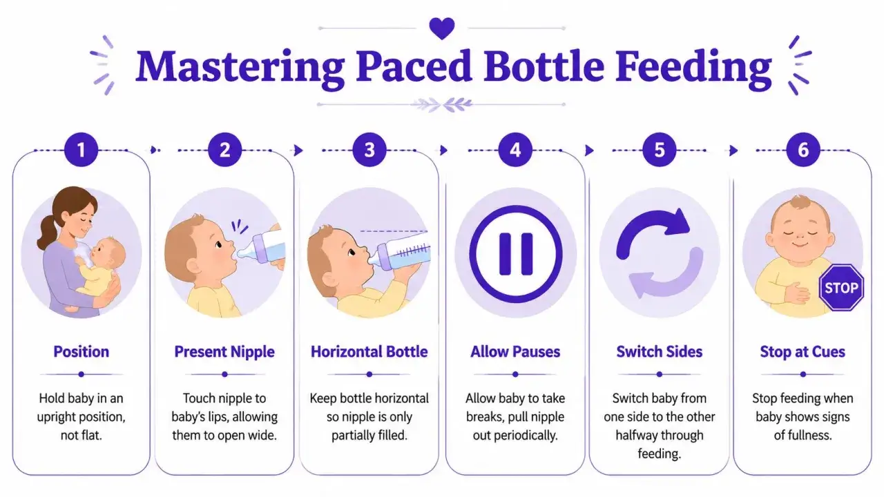 Mastering paced feeding: upright position, present nipple, horizontal bottle, allow pauses, switch sides, stop at cues.