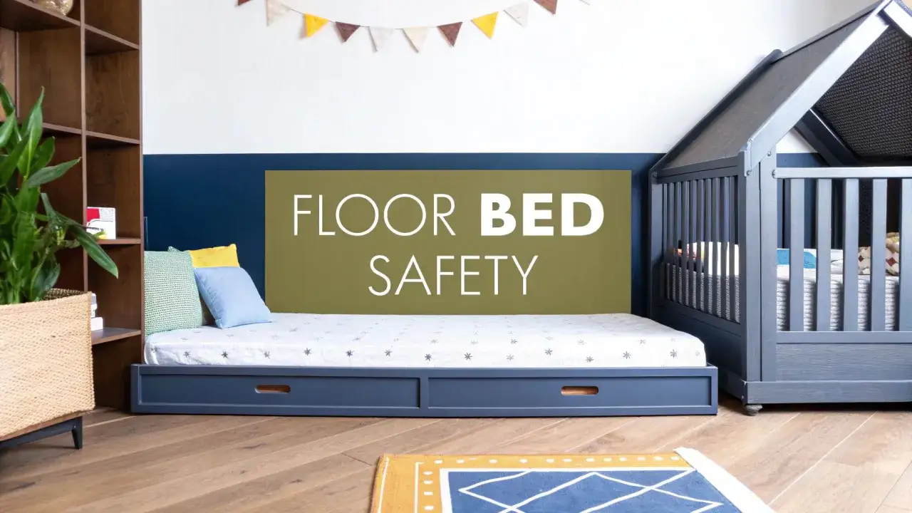A cozy floor bed setup with a crib nearby, emphasizing floor bed safety.