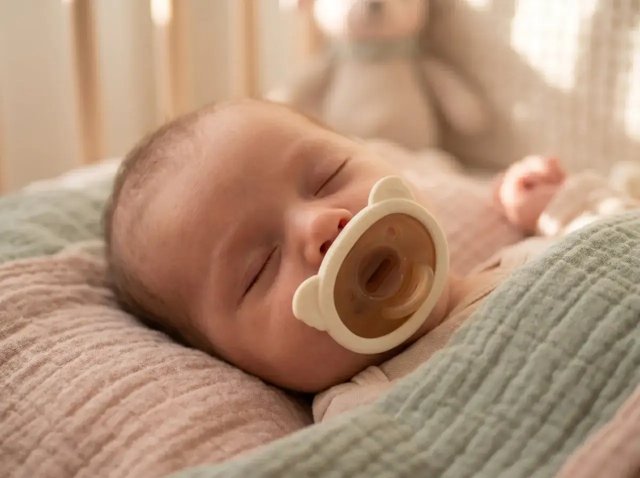 A peaceful baby sleeps with a pacifier, a common question being when to introduce pacifiers to breastfed babies.