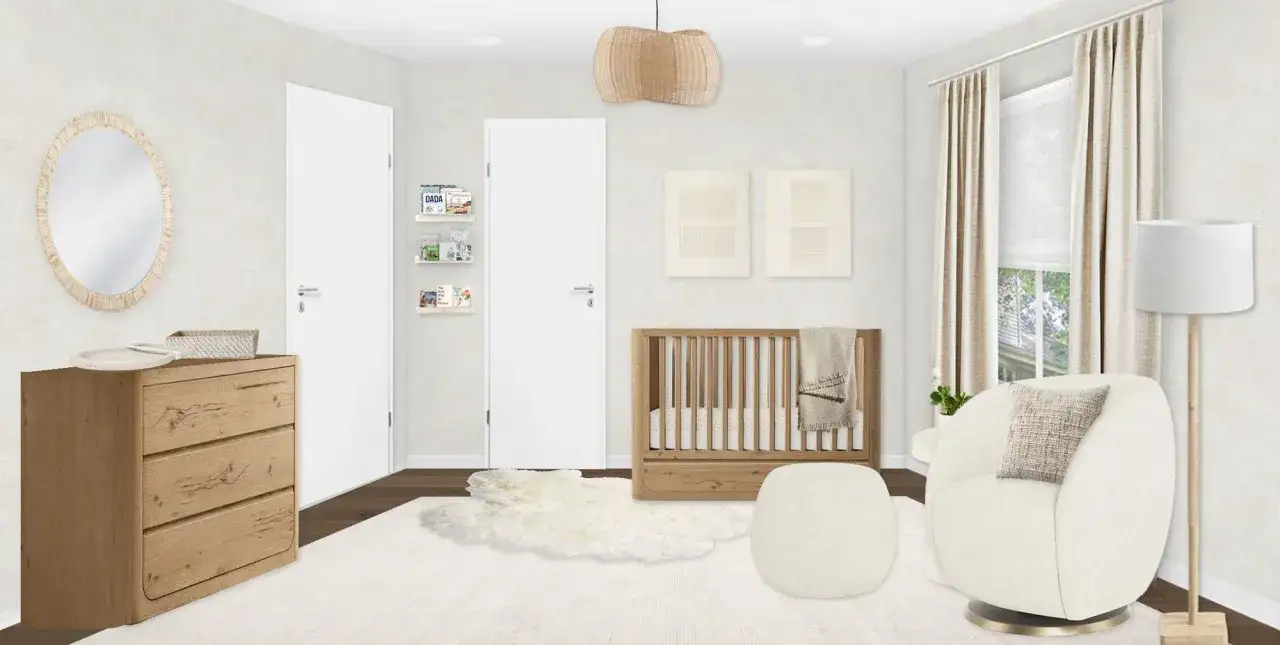 Serene white nursery ideas featuring a wooden crib, plush rug, and cozy armchair.