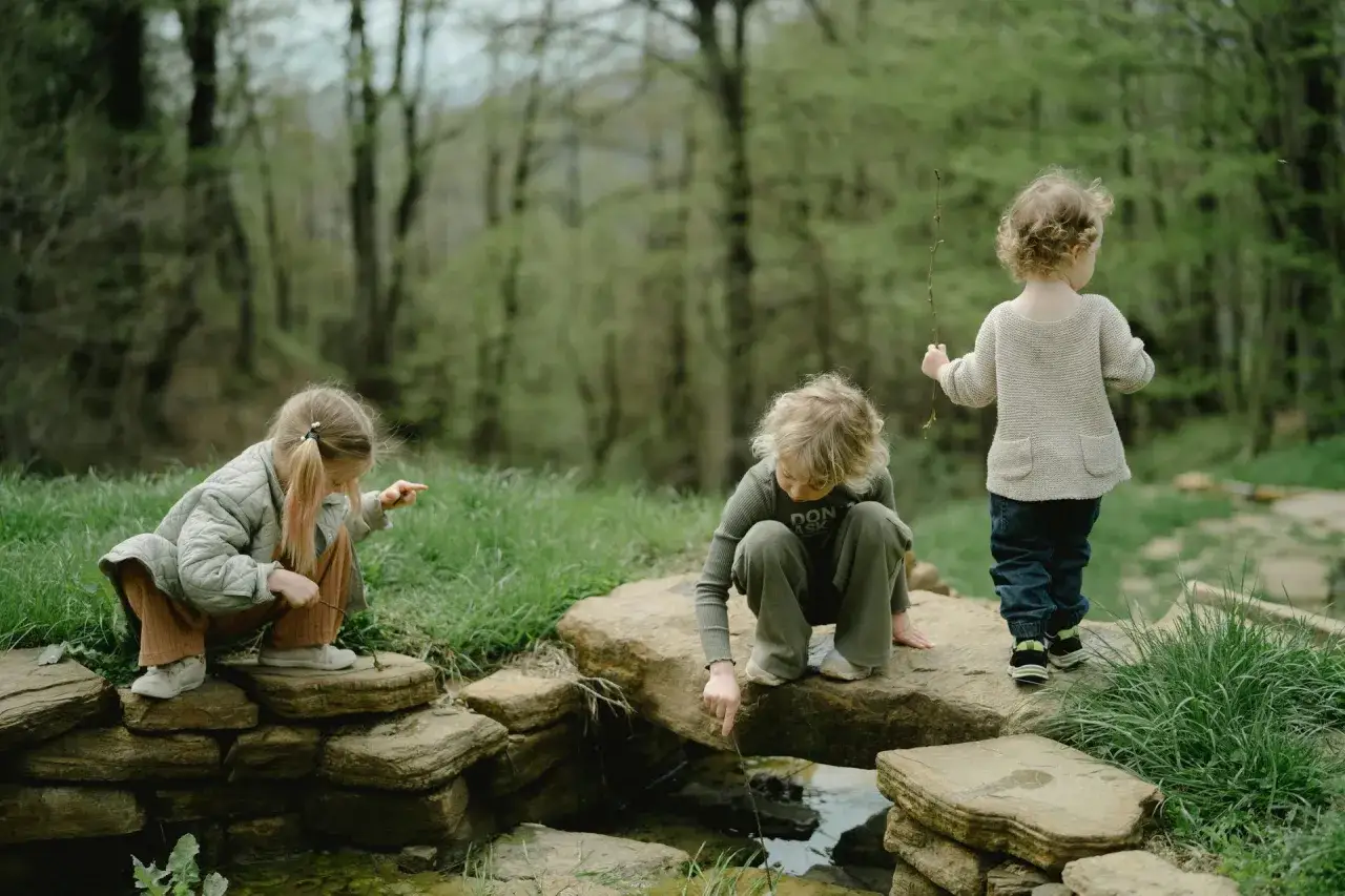 Children explore a stream in a forest, embodying Montessori nature principles.