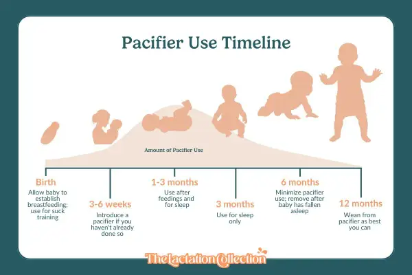 Timeline shows when can I give my baby a pacifier: birth for suck training, 3-6 weeks to introduce, 1-3 months for feedings/sleep, 3 months for sleep only, 6 months minimize, 12 months wean.