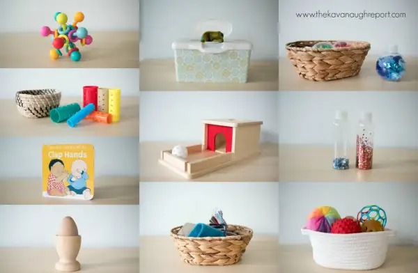 Montessori for 8 month old: colorful grasping toy, hair curlers, object permanence box, sensory bottles, and textured balls.