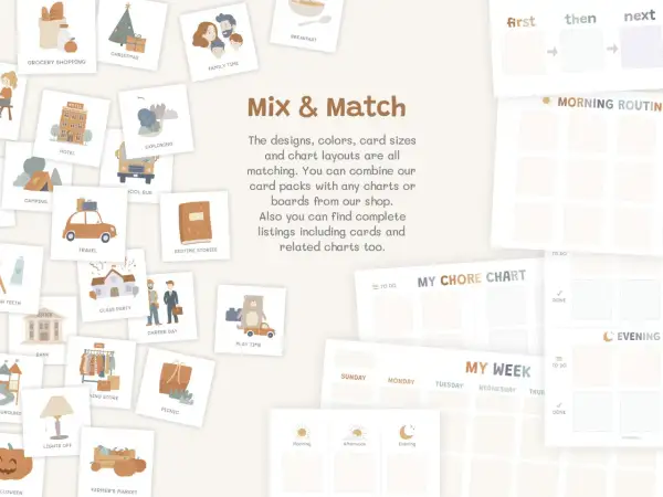 Montessori routine cards with illustrations for daily activities like "Grocery Shopping" and "Play Time," plus charts for "My Week" and "Morning Routine.