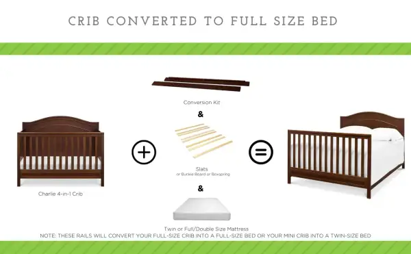See how cribs convert to twin or full beds with a conversion kit and mattress.