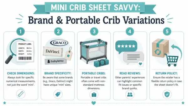 Comparing mini crib vs pack and play size: image shows crib dimensions, brands, portable cribs, reviews, and return policies for choosing the right sheet.