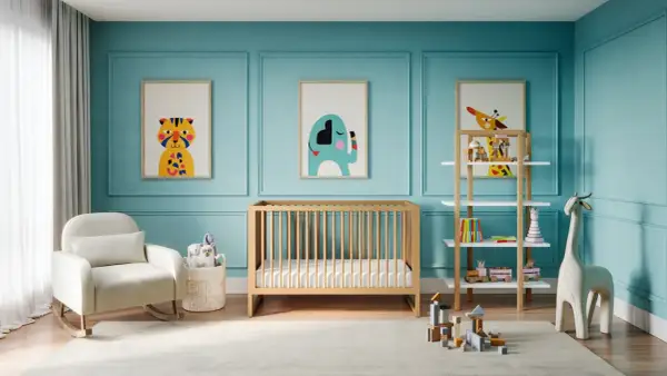 A serene nursery with cute baby boy nursery themes. A rocking chair, crib, and shelves filled with toys create a playful yet calming space.