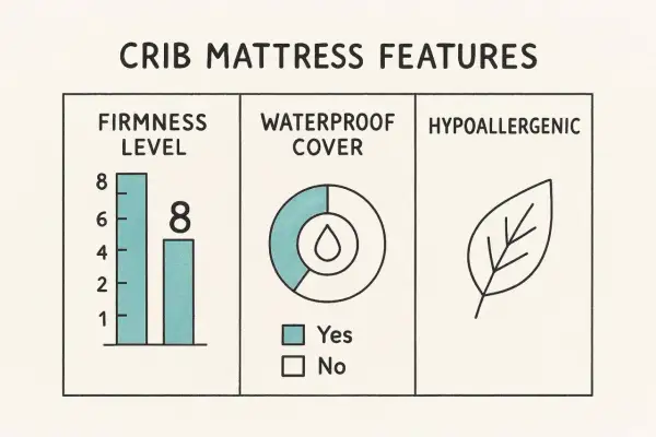 Infographic on how to pick a crib mattress: firmness level chart, waterproof cover icon, and hypoallergenic leaf symbol.