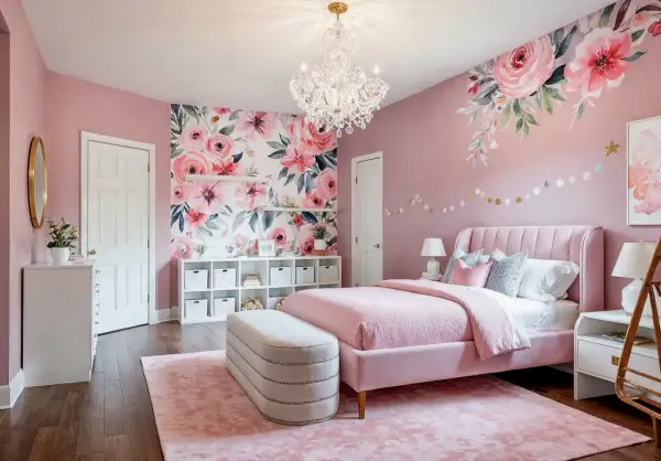 Charming baby girls room designs featuring a pink velvet bed, floral wallpaper, and a crystal chandelier.