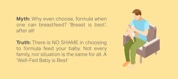 A father bottle-feeds his baby, illustrating the positives of formula feeding and emphasizing that a well-fed baby is best, regardless of feeding method.