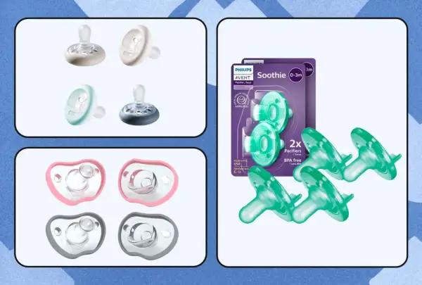 Philips Avent Soothie pacifiers, often considered the best pacifier for lip tie due to their one-piece silicone design, are shown in various colors.