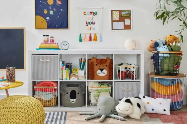 A bright, organized toy room with animal-themed baskets, plush toys, and colorful decor. This space offers great toy room inspiration for keeping things tidy and fun.