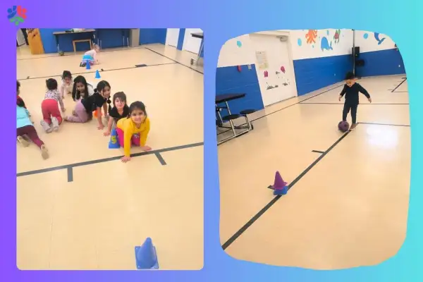 Children practice gross motor skills activities in school, crawling through an obstacle course and kicking a soccer ball.