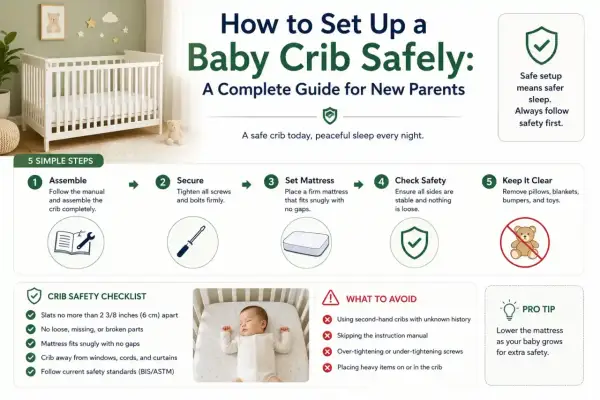 Guide on how to set up a baby crib safely, covering assembly, securing, mattress placement, safety checks, and keeping it clear.