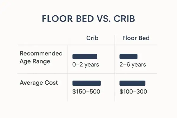 Table comparing floor bed vs. crib: cribs for 0-2 years ($150-500), floor beds for 2-6 years ($100-300).