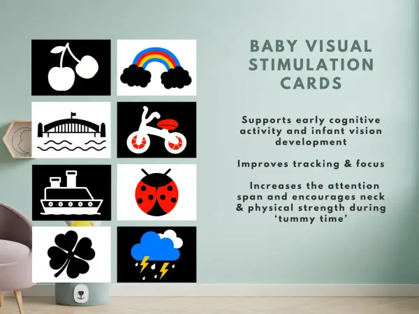 Baby visual stimulation cards featuring cherries, rainbow, bridge, bike, ship, ladybug, clover, and storm clouds. Perfect for infant vision development.