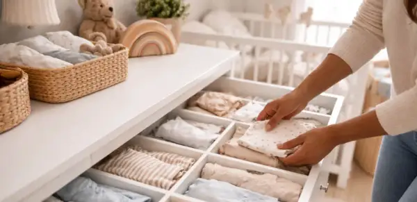 Hands neatly folding baby clothes in a drawer organizer, a perfect example of how to organize baby clothes for a tidy nursery.