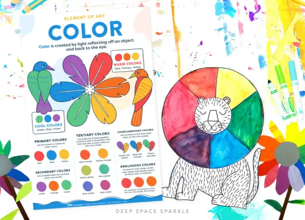 A colorful chart for learning colors for babies, featuring a flower petal color wheel, birds, and a lion with a rainbow mane.