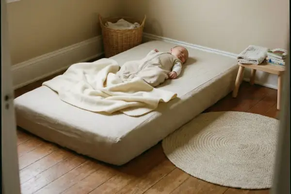 A baby sleeps peacefully on a floor bed, a simple mattress placed directly on the wooden floor, covered with a soft blanket.
