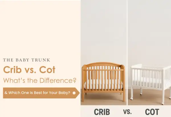 A wooden crib and a white cot are shown side-by-side, with text asking "Crib vs. Cot: What's the Difference?".