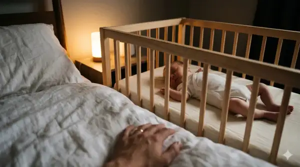 A peaceful baby sleeps in a mini crib. Parents check the mini crib weight limit to ensure safety as their little one grows.