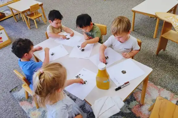 Children engage in child led learning, placing seeds on paper at a table.