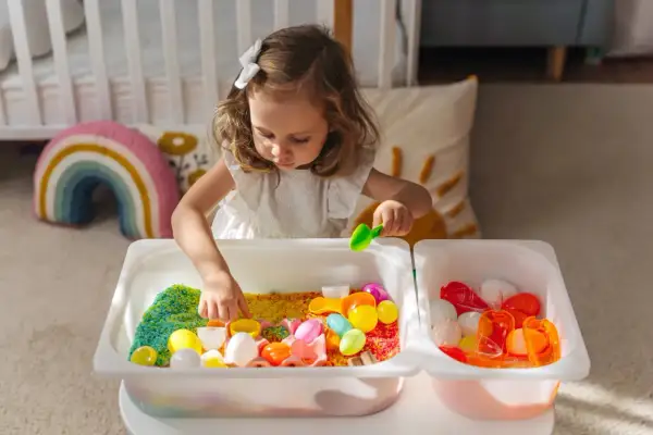 A young girl explores colorful rice and toys in sensory bins, demonstrating why sensory bins are important for early childhood development and learning through play.