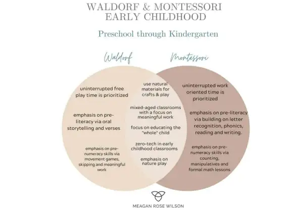 Venn diagram comparing Waldorf vs Montessori early childhood education, highlighting differences in play, literacy, and numeracy approaches.