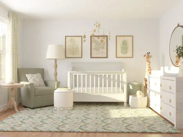 Serene nursery with a white crib, botanical art, and a giraffe plush. Great crib decoration ideas for a calm, nature-inspired room.