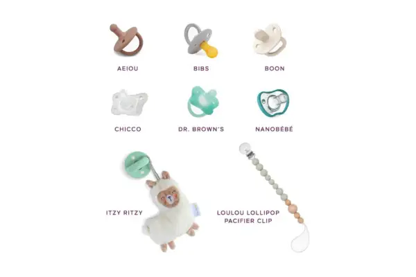 Discover the best binky for teeth development! This image showcases various pacifier brands like BIBS, Boon, and Dr. Brown's, plus a cute llama toy and a pacifier clip.