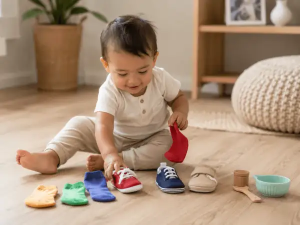 A baby explores colorful socks and shoes, a fun way to entertain a 1-year-old.