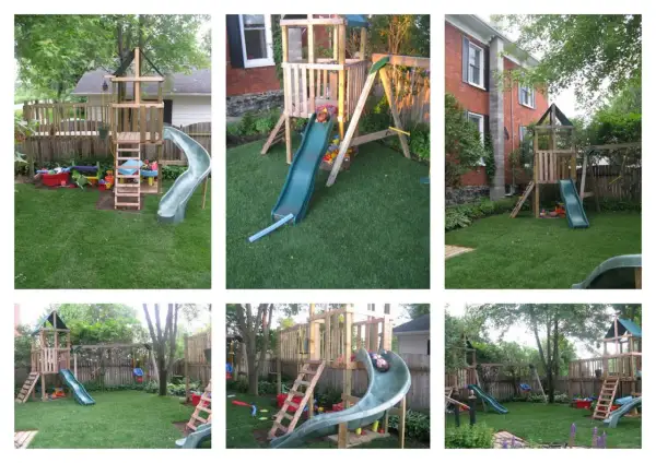 A DIY Montessori playground with wooden structures, slides, and swings, designed for imaginative outdoor play.