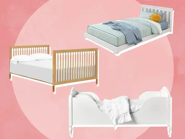Three beds: a wooden crib, a white toddler bed with rails, and a white toddler bed with a low profile. These options show what kind of bed should a 1 year old be in.