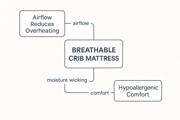 A breathable crib mattress offers airflow to reduce overheating, moisture wicking, and hypoallergenic comfort for a safe and cozy sleep.