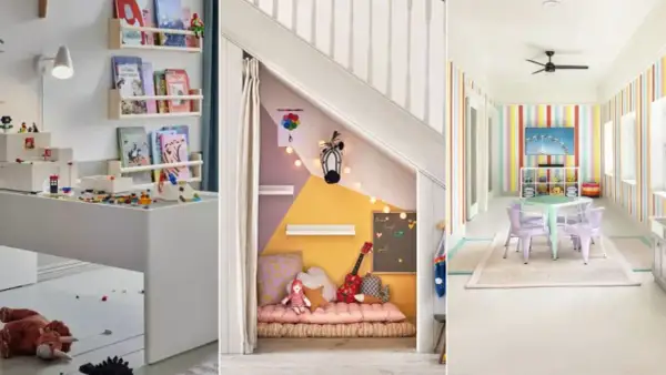 Minimalist playroom ideas: a white play table with toys, a cozy under-stairs nook, and a colorful room with a table and chairs.