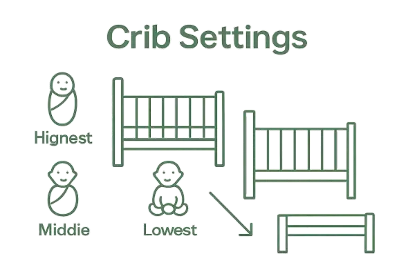 Crib settings show mattress heights: highest for newborns, middle for older babies, and lowest crib mattress to floor for crawlers.