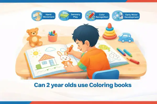 A boy colors a bunny in a book, surrounded by toys. This shows how coloring aids hand movement, sensory play, color recognition, and early motor development for 2 year olds.