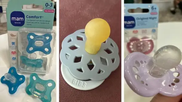 Different pacifiers, including MAM and BIBS brands, are shown. Concerns about do pacifiers interfere with breastfeeding are common.
