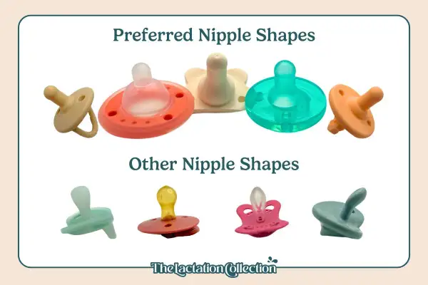 A visual guide to pacifier stages, showcasing preferred nipple shapes and other nipple shapes.